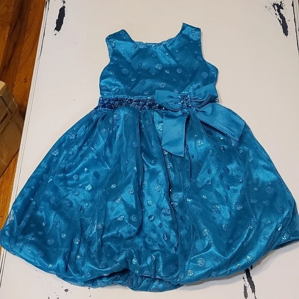 Youngland Girl's Church Dress Teal Sleeveless Glitter Dots Sequins Bow Sz 5 GUC